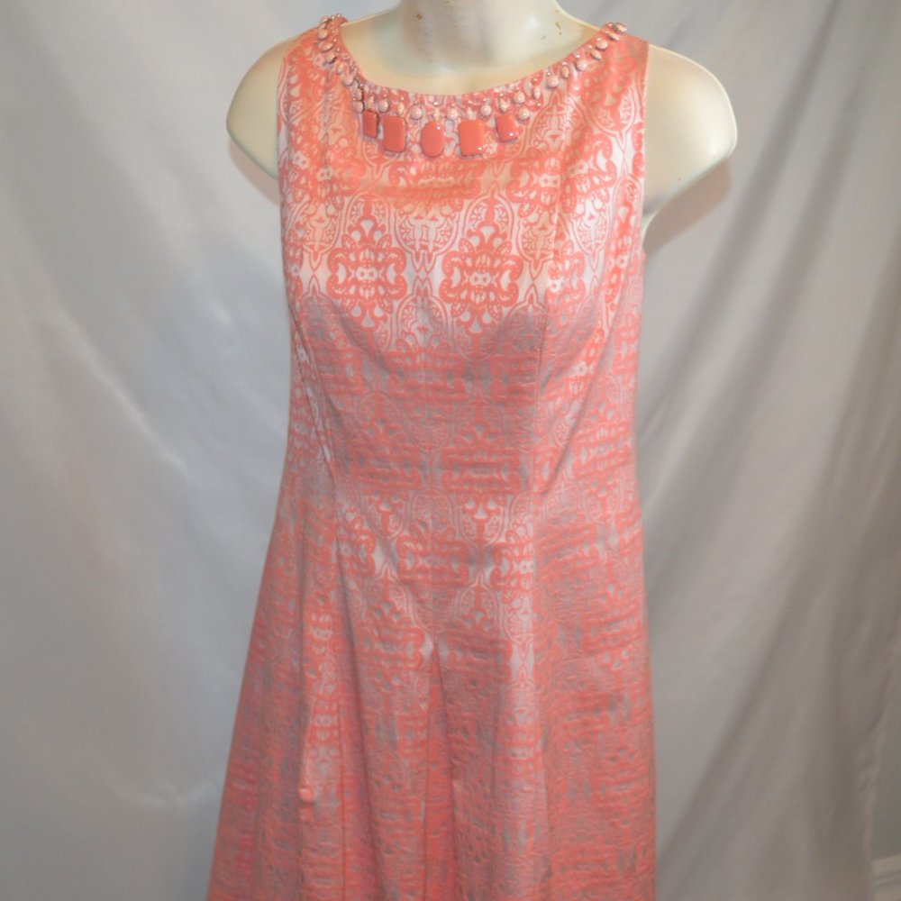 Adrianna Papell Beaded Neckline Coral Pink Sleeveless Zipper Women's Sz 8 Dress